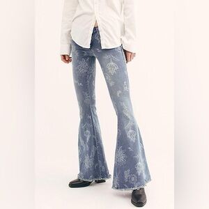 Free People Floral Printed Denim Super Flare Bell Bottom Jeans
